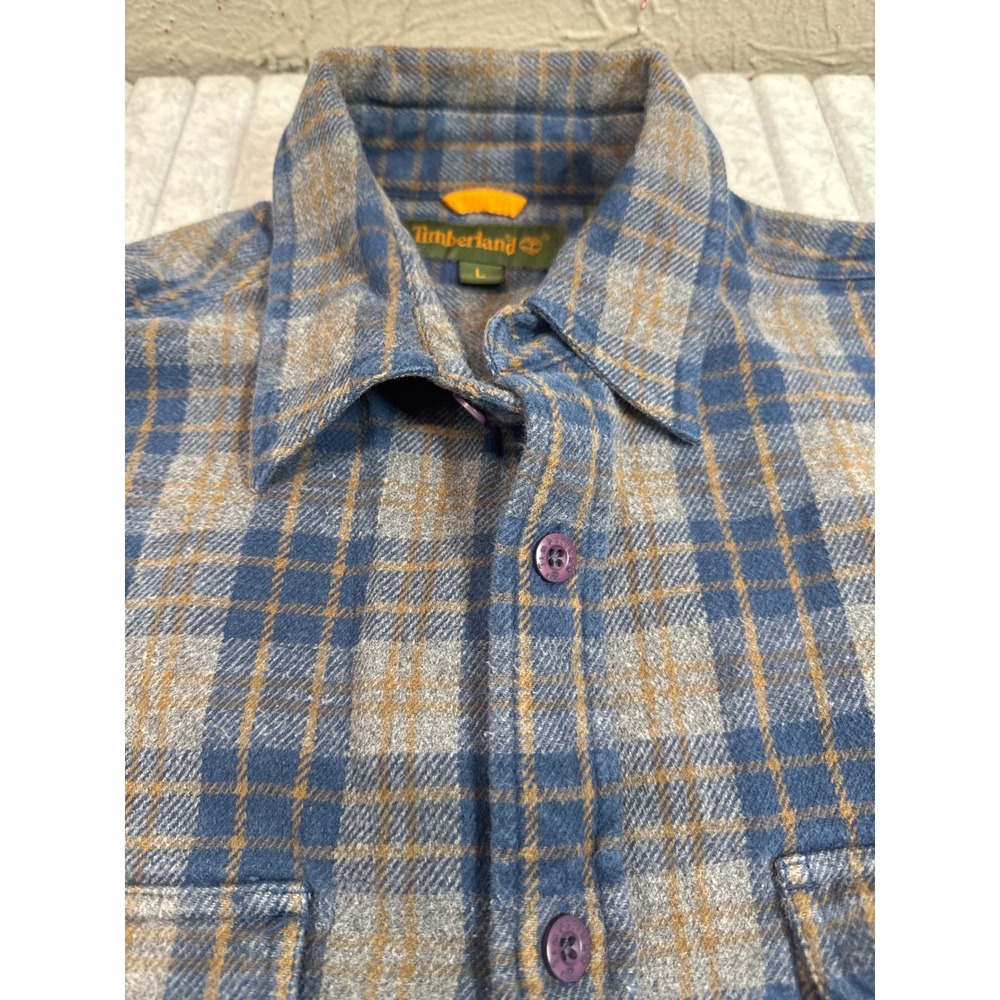 Timberland Mens Large Blue Grey Plaid Flannel Button Down Shirt Long Sleeve L